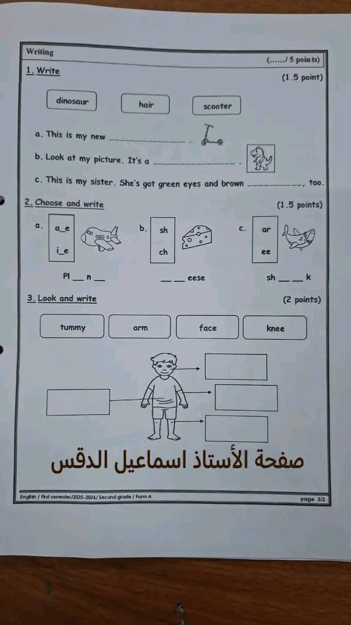 بالصور امتحان نهائي لمادة اللغة الانجليزية للصف الثاني الفصل الاول 2026 وكالة